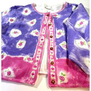 Handpainted Campers Vintage Floral Cardigan Sweater Purple Pink Roses 100% Cotto